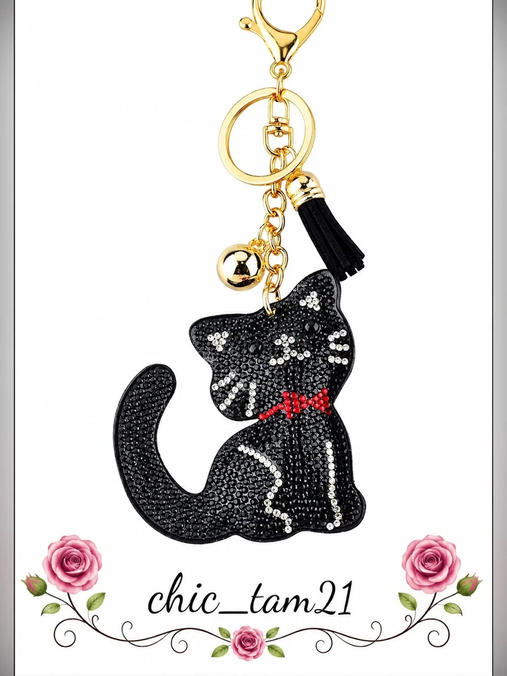 Chic Cat Crystal Keychain Charm - Black